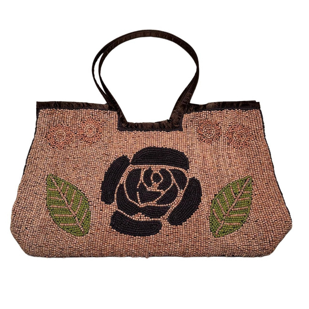 Coldwater Creek brown beaded handbag with rose design